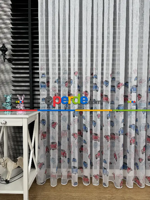 Çok Renkli Araba Desen Baskılı Tül Perde, Çocuk-bebek Odası, Premium Seri