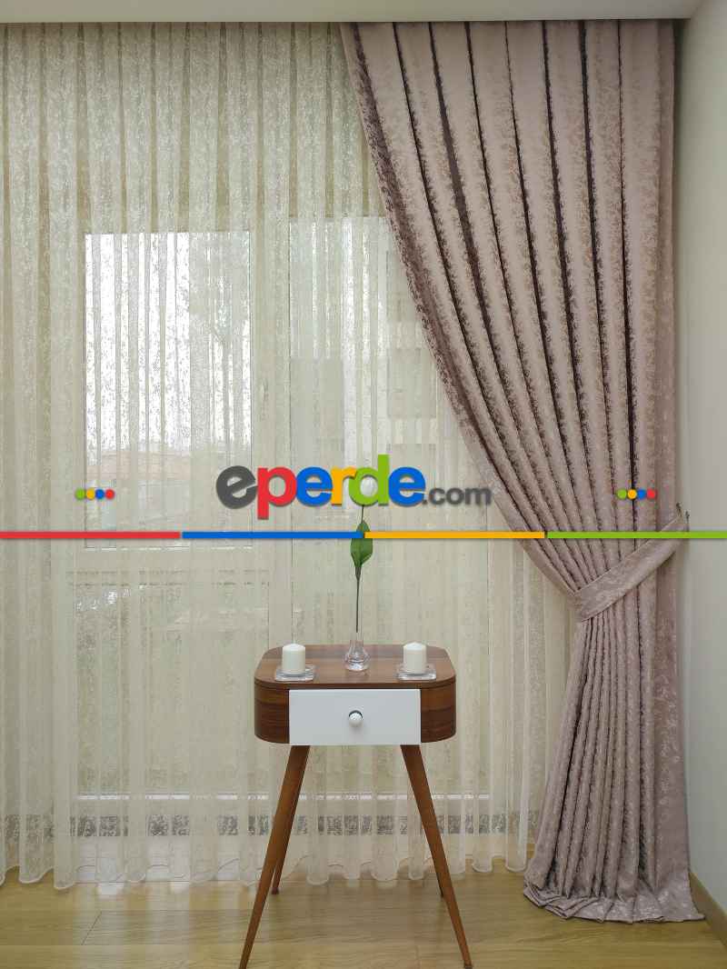 Pudra Düz Jakar Fon Perde - Pudra Pembe