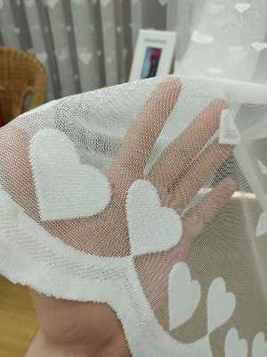 Çocuk Odası Tül Perde - Kalp Desen Örme Tül Perde- Ekru