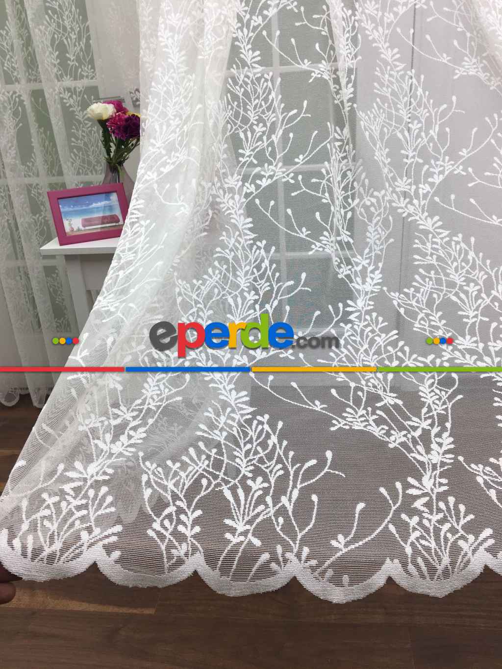 Spor Sarmaşık Desenli Tül Perde - Kruvaze Model Dikiş Seçenekli - Örme Tüldür - Ütü İstemez