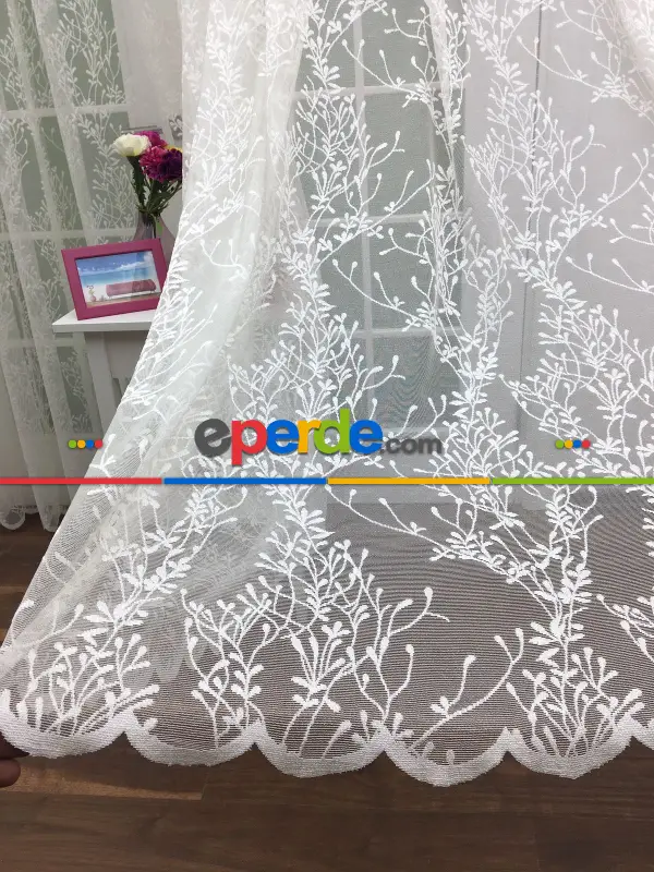 Spor Sarmaşık Desenli Tül Perde - Kruvaze Model Dikiş Seçenekli - Örme Tüldür - Ütü İstemez