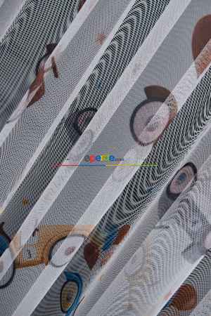 Hazır Ölçülü Petek Zemin Kahverengi Ve Mavi Renkli Araba Ve Balon Desenli Grek Baskılı Tül Perde