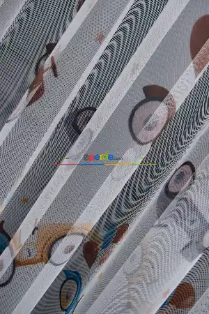 Hazır Ölçülü Petek Zemin Kahverengi Ve Mavi Renkli Araba Ve Balon Desenli Grek Baskılı Tül Perde