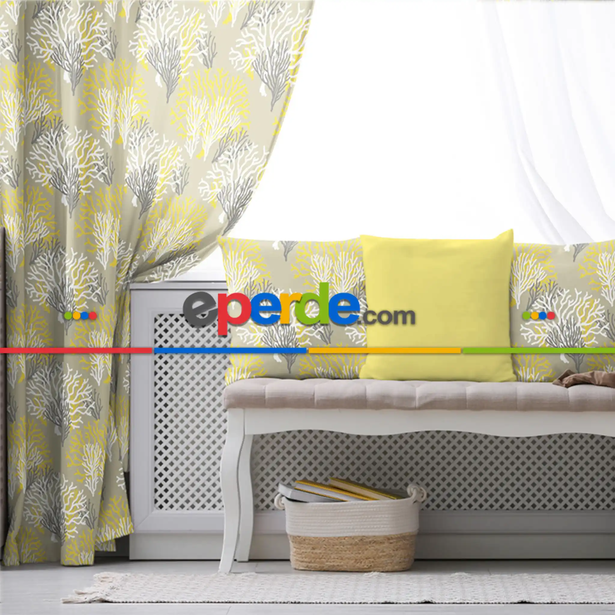 Mercan Desen Fon Perde Evim1080 Kumaşı Kalındır Duck Bezi Değildir- Mavi-beyaz