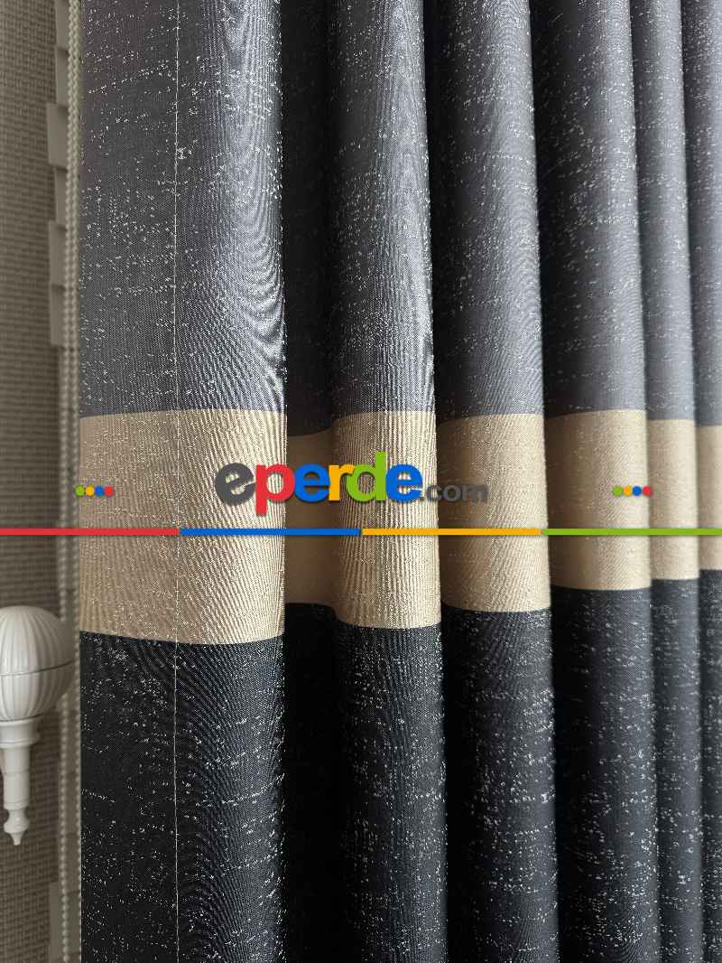 Oturma Odası - Koyu Antrasit Gri Krem Jakar Dokuma Fon Perde, Parlak Zemin