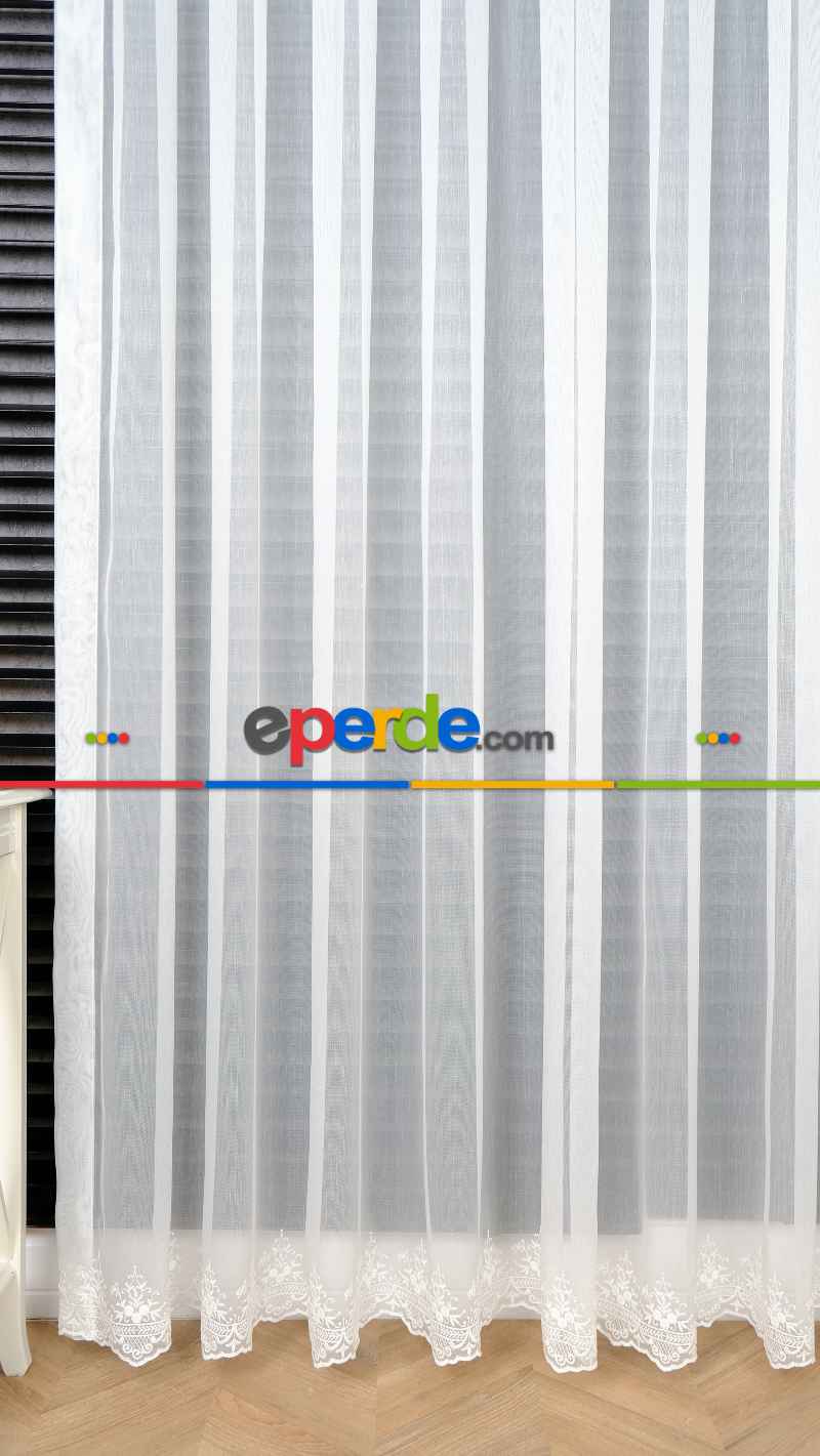 Taç Ekru Etek Çiçek İşlemeli Tül Perde, Ütü İstemeyen Kırışmaz