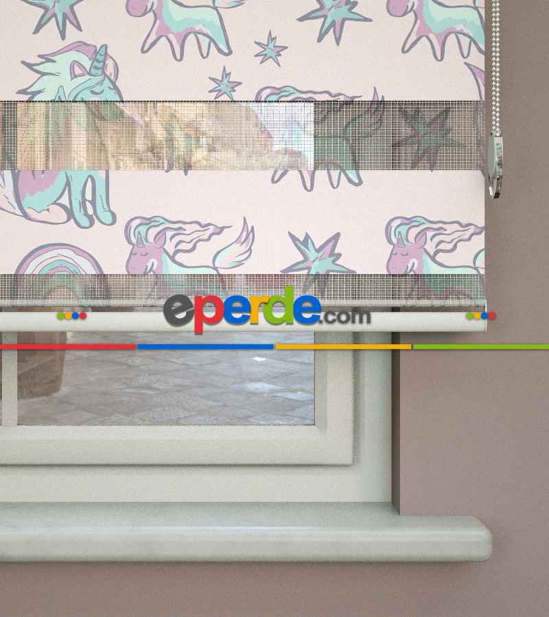Unicorn Desenli Baskılı Zebra Perde- Çok Renkli