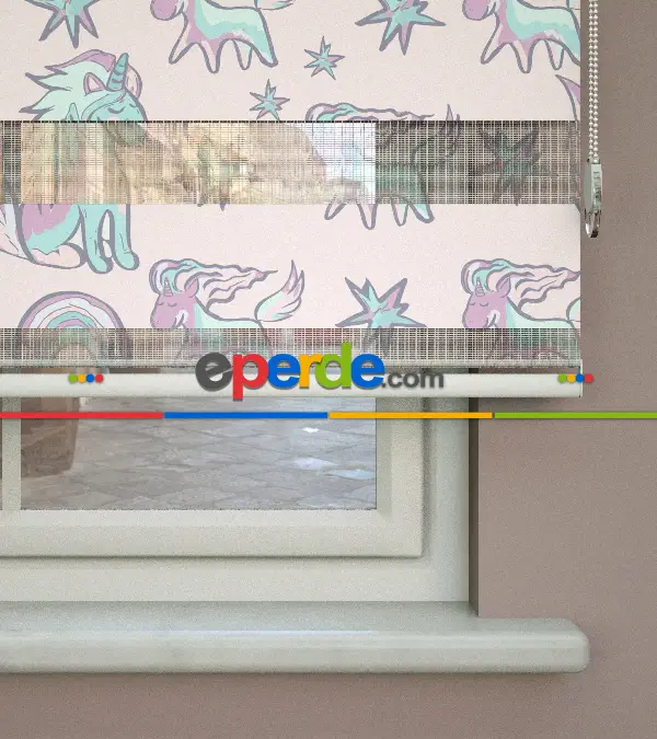 Unicorn Desenli Baskılı Zebra Perde- Çok Renkli