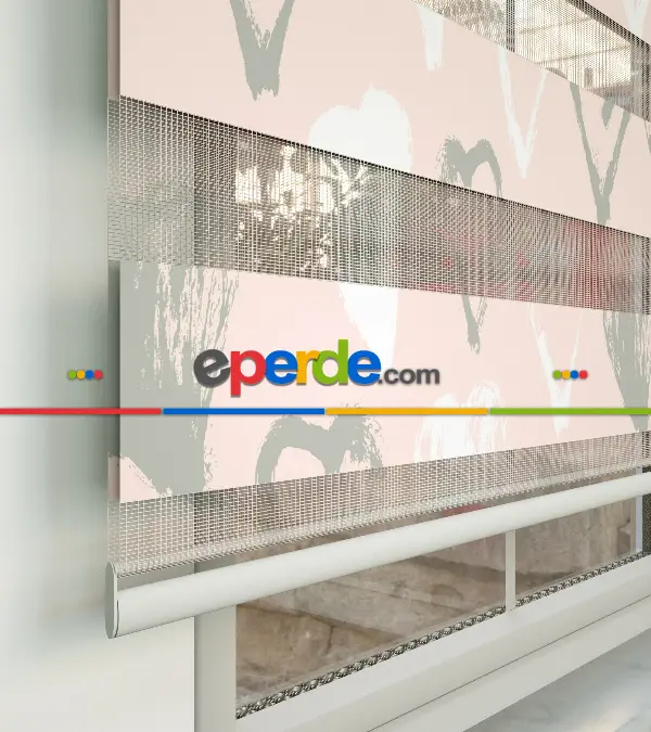 Çocuk Odası Zebra - Kalp Desenli Baskılı Zebra Perde- Çok Renkli