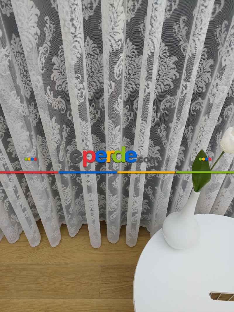 Salon Damask Desenli Örme Kdk Tül Perde %30 Ekstra İndirimli- Ekru