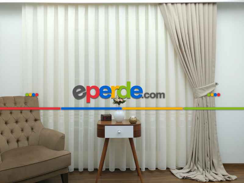 Krem - Keten Tül Perde- Krem - Kurşunlu Tül