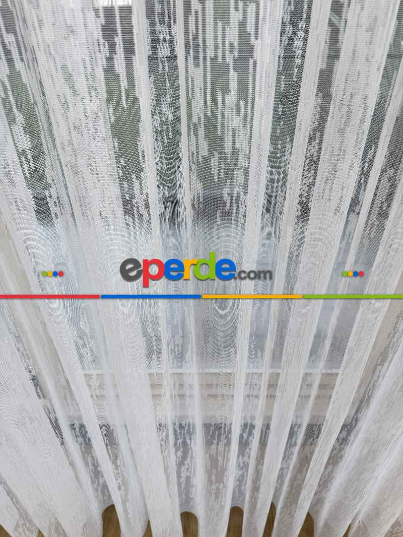 Ekru Çizgili Desenli Fransız Dantel Örme Tül Perde, Ütü İstemeyen Tül