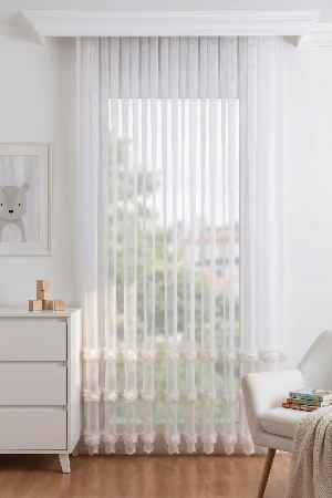 Bambu Zemin, Etek Püsküllü Tül Perde, Bambu Doğal Dokulu, Ekru