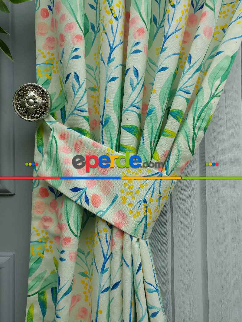 Mutfak Perdesi Kanat Fon Perde Çiçek Desenli- Yeşil