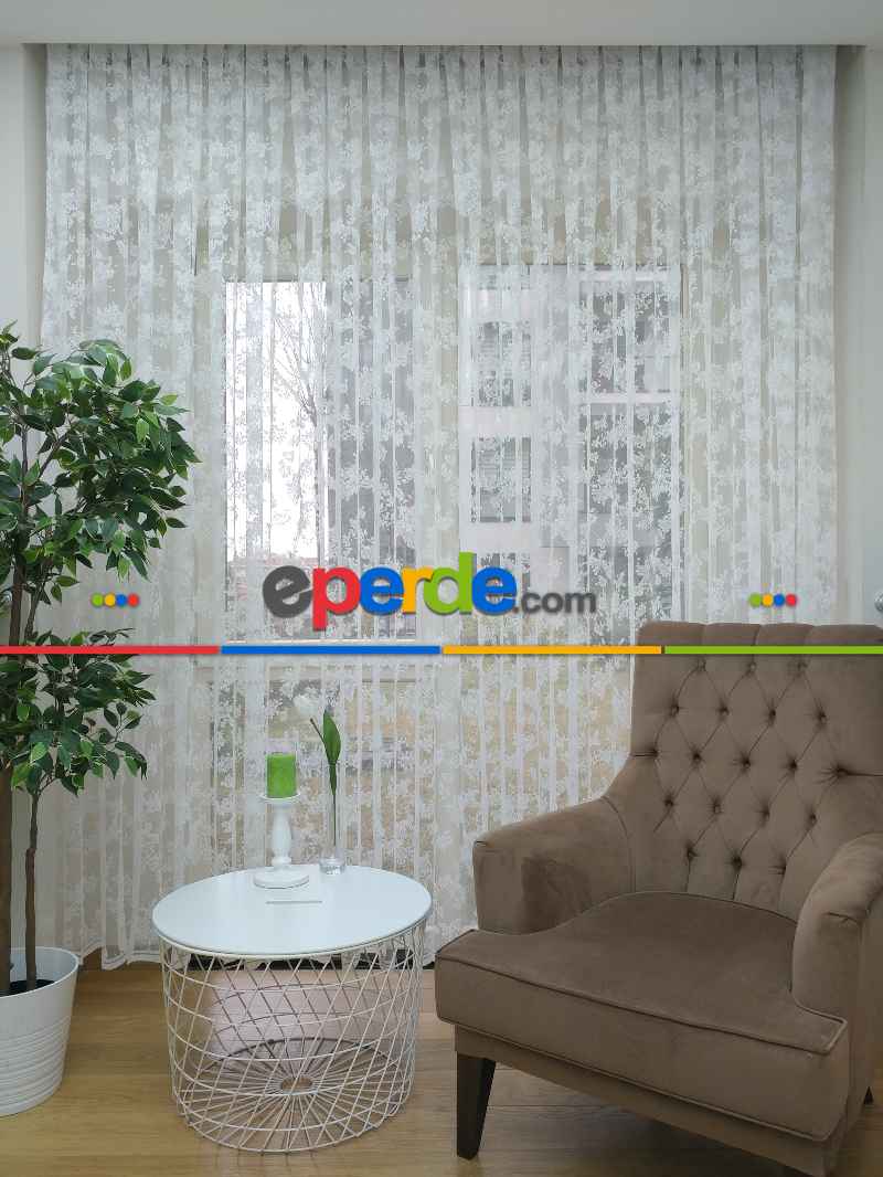 Bt 711 Patine Spor Desenli Fransız Dantel 2025 Tül Perde - Ekru