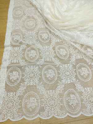 Damask Çiçek Desenli Özel Örme Dokulu Tül Perde- Ekru