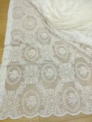 Damask Çiçek Desenli Özel Örme Dokulu Tül Perde- Ekru