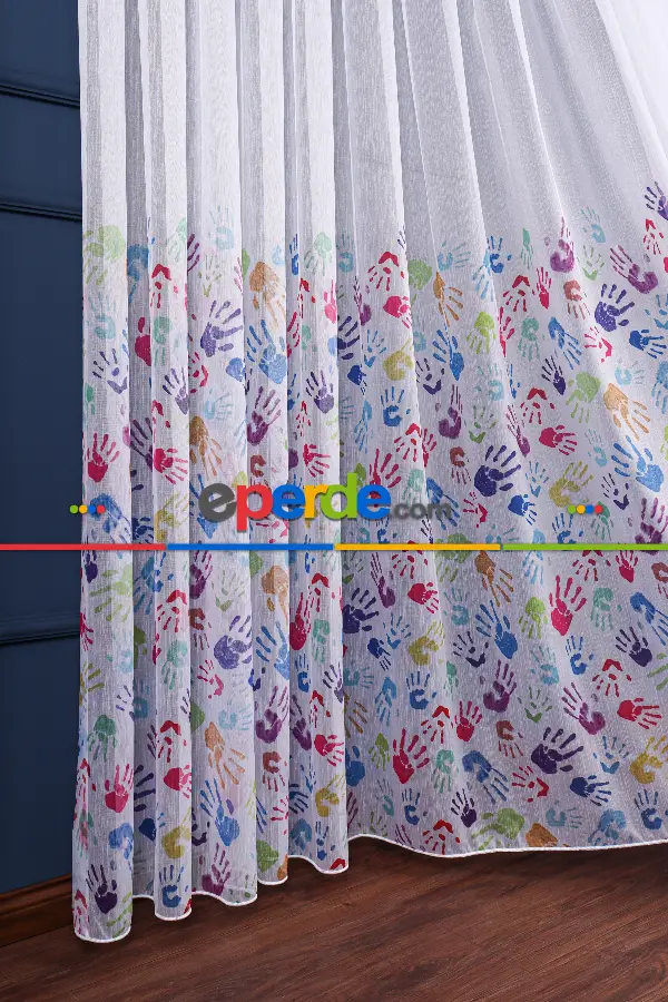 Genç Ve Çocuk Odası Renkli Eller Baskılı Tül Perde