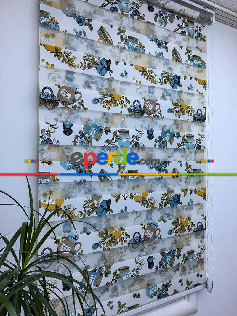 Zebra Perde- Kavanoz Baskılı Zebra Perde- Mavi Açık