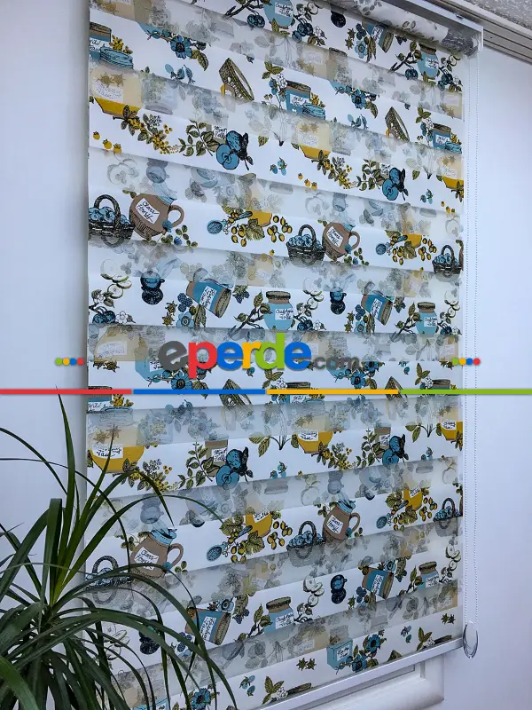 Zebra Perde- Kavanoz Baskılı Zebra Perde- Mavi Açık