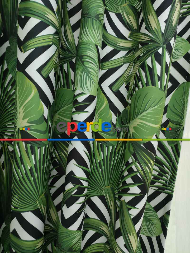Tropikal Yaprak Desenli Fon Perde - Kumaşı Kalındır Duck Bezi Değildir- Siyah-Yeşil-Beyaz