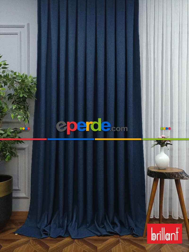 Brillant Keten Petrol Mavi Renk Düz Fon Perde - Petrol Mavisi