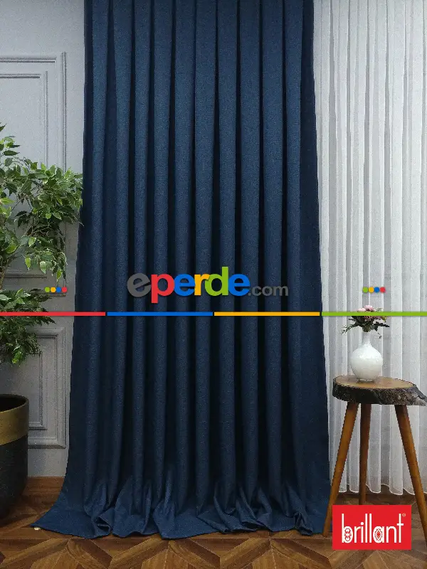 Yatak Odası - Brillant Keten Petrol Mavi Renk Düz Fon Perde - Petrol Mavisi