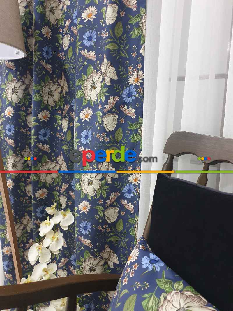 Salon Fon - Çiçek Desenli Fon Perde Evm1073 Kumaşı Kalındır Duck Bezi Değildir