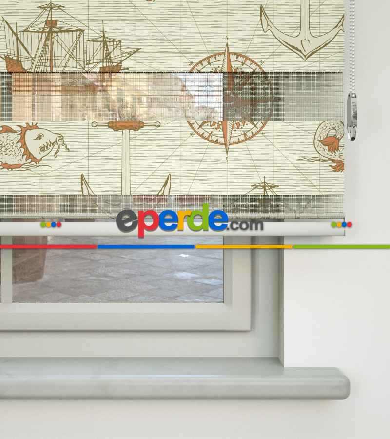 Bebek Odası Zebra Perde - Gemi Ve Pusula Desen Baskılı Zebra Perde- Bej-Turuncu