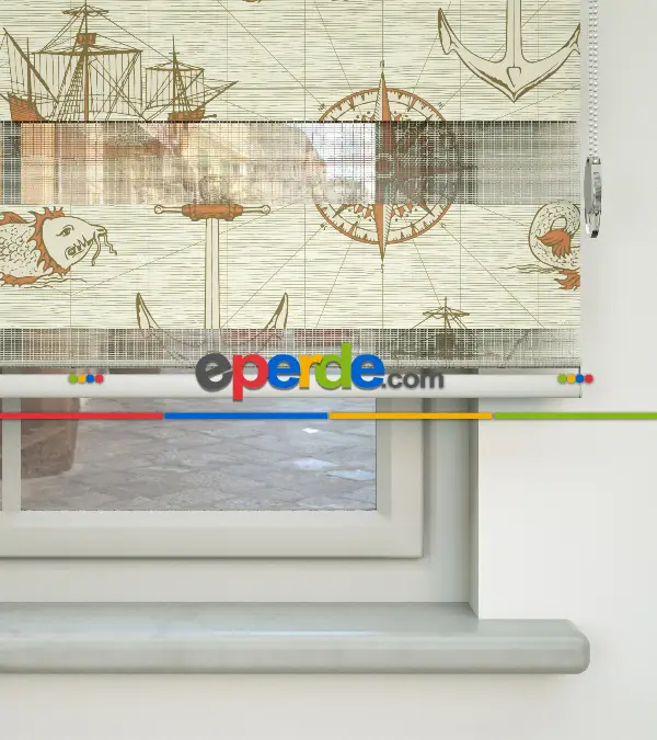 Bebek Odası Zebra Perde - Gemi Ve Pusula Desen Baskılı Zebra Perde- Bej-Turuncu