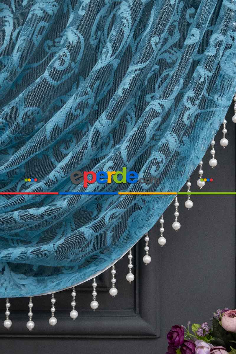 Petrol Mavi Sarmaşık Desen Tül Kruvaze Şal Tül Perde Yanki Tül - Düz Model Sipariş Seçeneği - Yatak Odası Tül