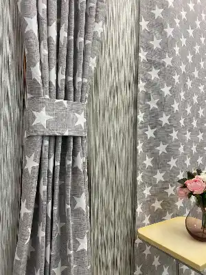 Bebek Odası Fon Perde - Keten Görünümlü Yıldız Fon Perde- Gri Açık