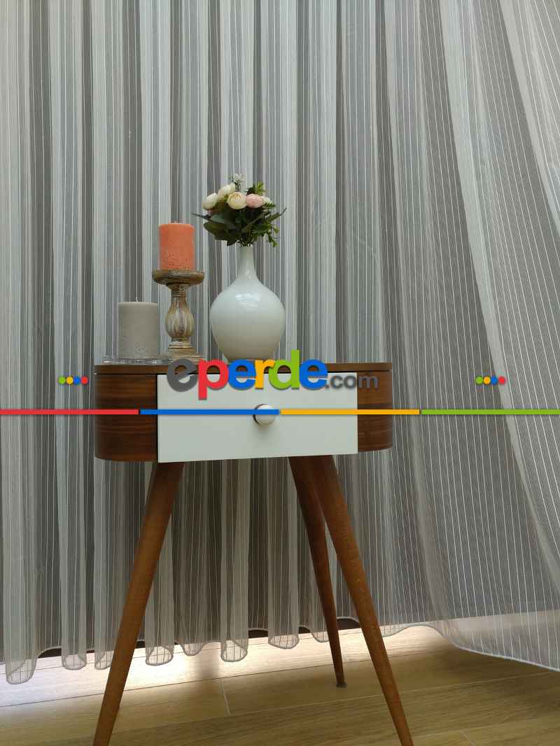 Boyuna Zincir Desenli Düz Tül Perde- Ekru - Kurşunlu Tül