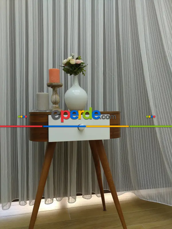 Salon Tül Perde - Boyuna Zincir Desenli Düz Tül Perde- Ekru