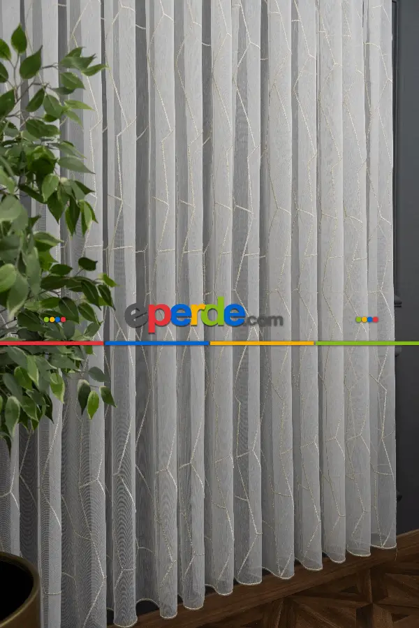 Salon - Geometrik Desenli Tül Perde - Ekru - Altın