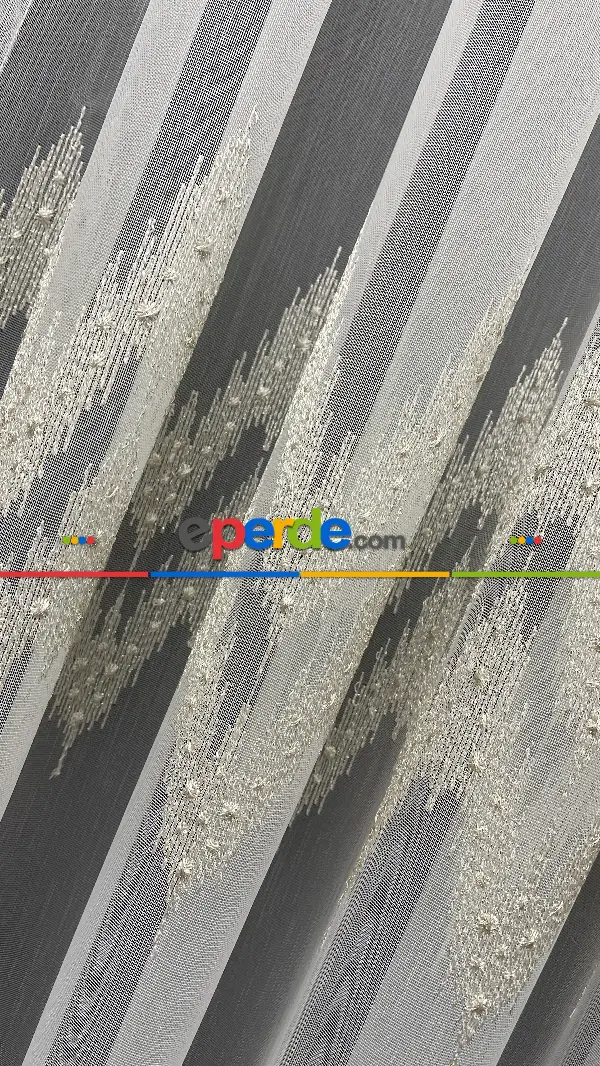 Mutfak Tül Perde - Desenli Tül - Altın Simli Hafif Keten Tül - Etek Ucu Nakışlı Tül Perde -  Salon Tül Perde