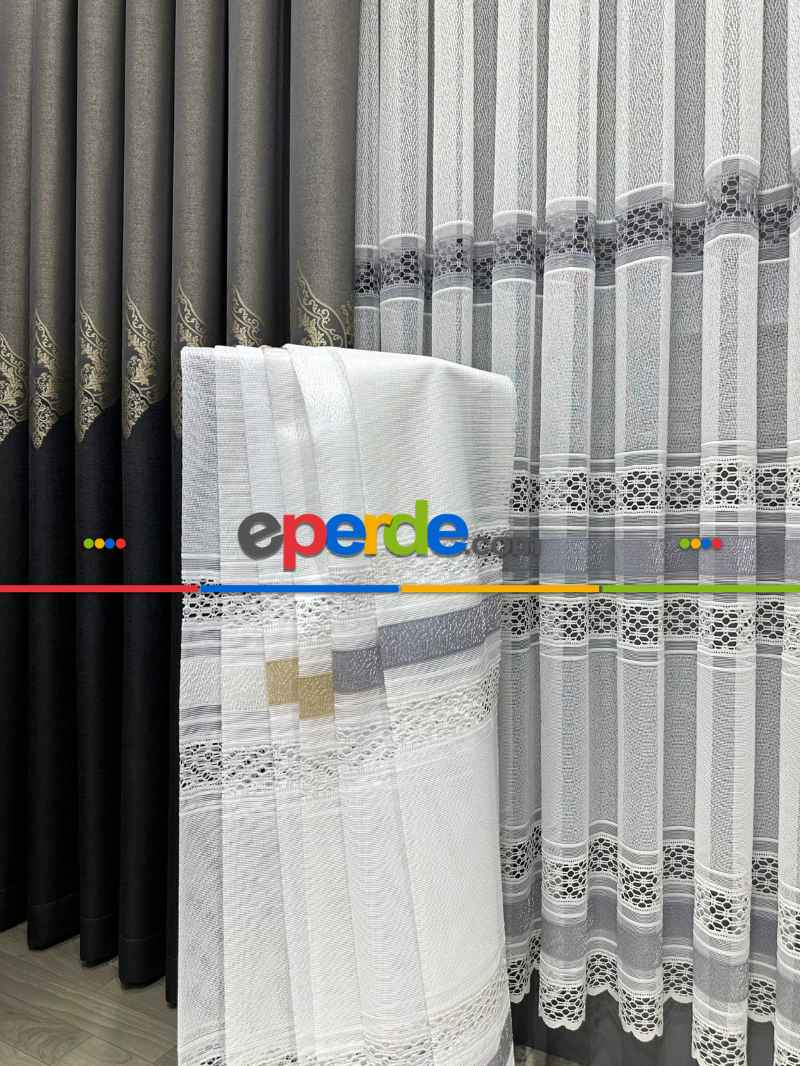 Salon - Aplik Örme Tül Perde Tek Kanat - Ekru / Gri