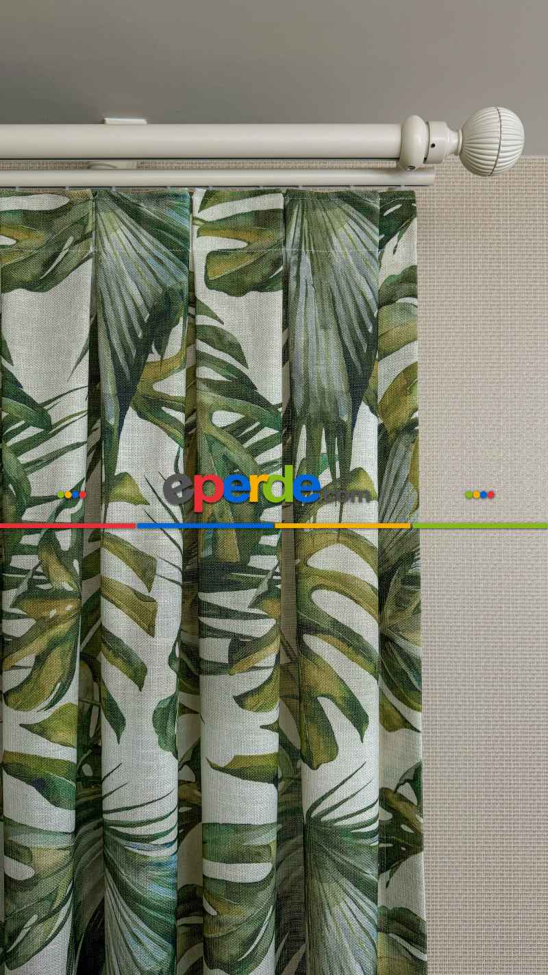 Bej Yeşil Tropikal Desenli Keten Fon Perde - Premium Kalite Serisi Ağır Gramajlı