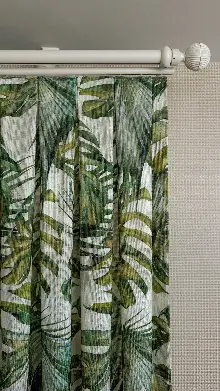 Bej Yeşil Tropikal Desenli Keten Fon Perde - Premium Kalite Serisi Ağır Gramajlı