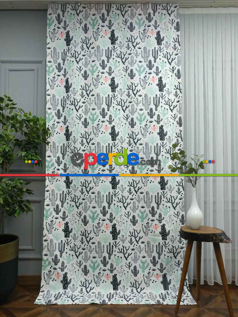 Kaktüs Desenli Fon Perde Evm694 Kumaşı Kalındır Duck Bezi Değildir- Siyah-Beyaz