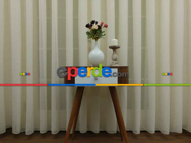 Krem - Keten Tül Perde- Krem - Kurşunlu Tül