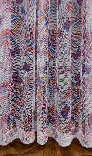 Hazır Ölçülü Petek Zemin Mor Turuncu Ve Mavi Renkli Yaprak - Kelebek Desenli Grek Baskılı Tül Perde