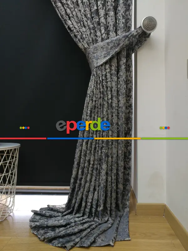 Patine Desenli Krem Antresit Desenli Jakar Fon Perde (180cm En)- Antrasit