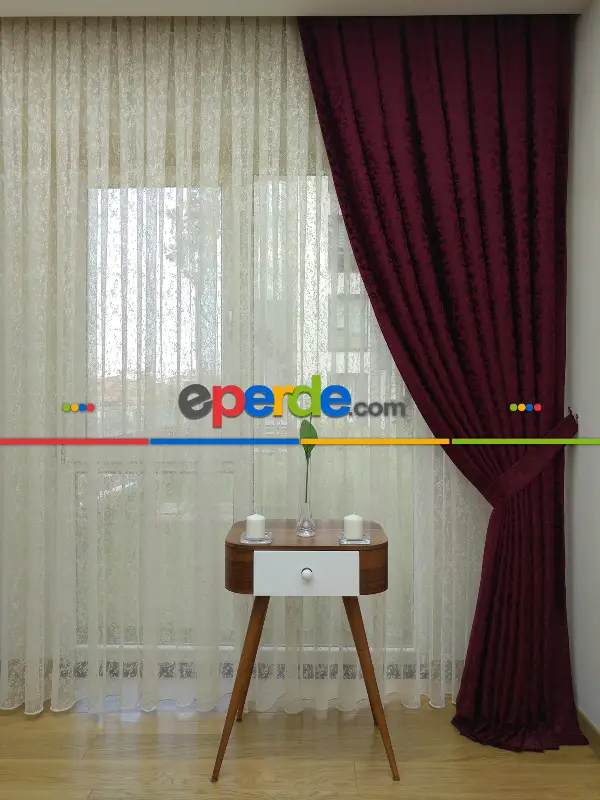 Yatak Odası - Bordo Düz Jakar Fon Perde - Bordo