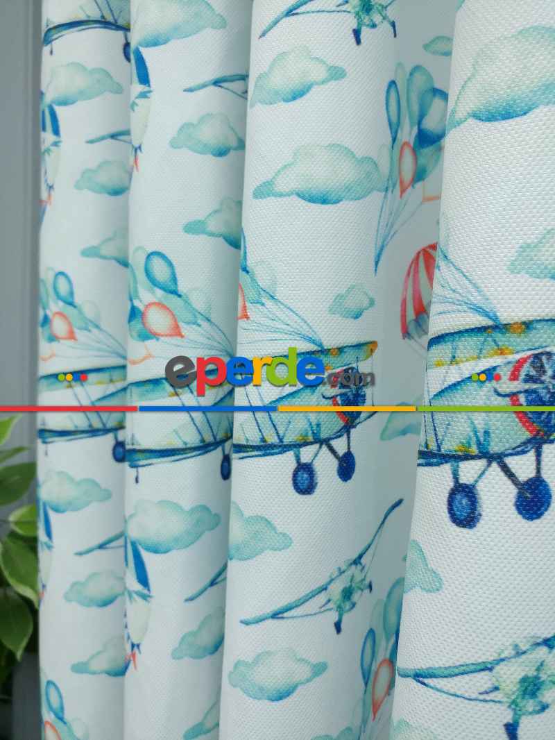 Bebek Odası Fon - Uçak Desenli Fon Perde K679 Kumaşı Kalındır Duck Bezi Değildir.- Mavi