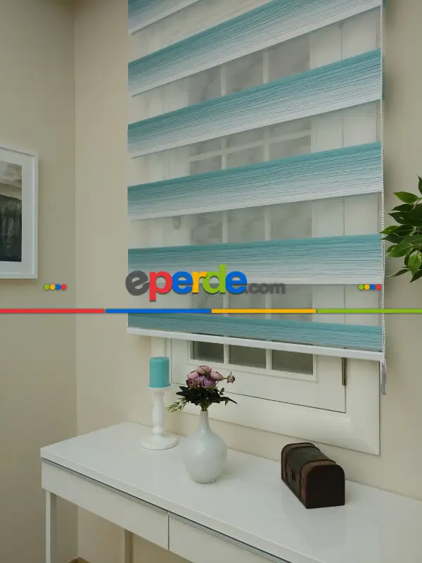 Salon Zebra Perde - Zebra Perde -turkuaz Geçişli Pileli Zebra (kalın Doku Zeminli)- Turkuaz Yeşili Ara Renk