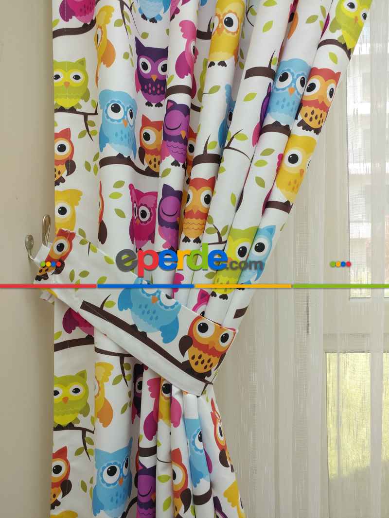 Baykuş Desenli Bebek Ve Çocuk Odası Fon Perde Modelleri- Mavi-Beyaz-Mor