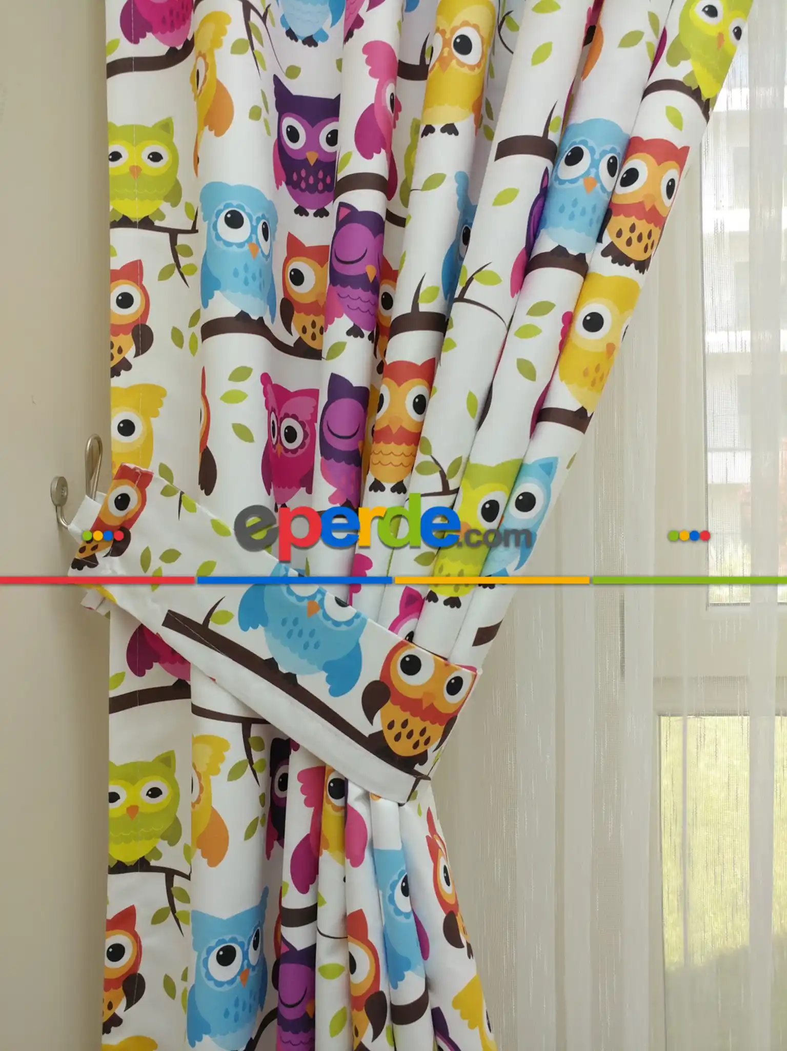 Bebek Odası Fon - Baykuş Desenli Fon Perde Modelleri- Mavi