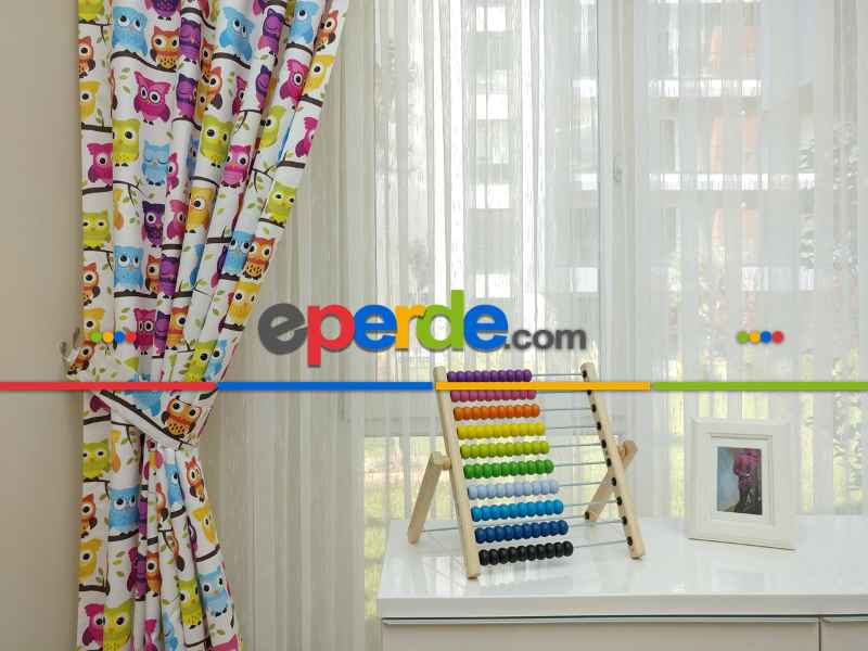 Baykuş Desenli Bebek Ve Çocuk Odası Fon Perde Modelleri- Mavi-Beyaz-Mor