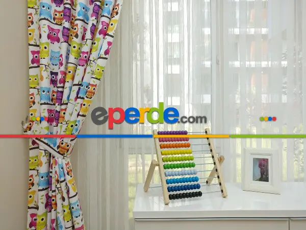 Kız Çocuk Odası Fon Perde - Baykuş Desenli